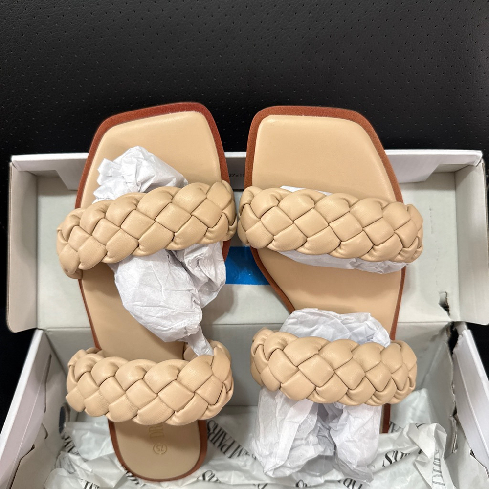 Dream Pairs Beige Braided Strap Square Toe Slide Sandals